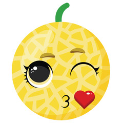 Adorable melon face blowing a kiss with heart and wink, perfect for kids designs, food labels, summer products, or greeting cards