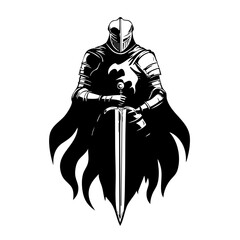 Medieval Knight Logo with Sword and Shield – Black and White Warrior Illustration