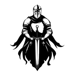 Medieval Knight Logo with Sword and Shield – Black and White Warrior Illustration