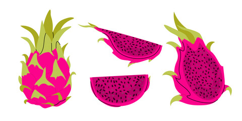 Set pink dragon fruit. Pitahaya whole, half, pieces. Tropical fruit pitaya. Flat illustration of ripe exotic fruit.