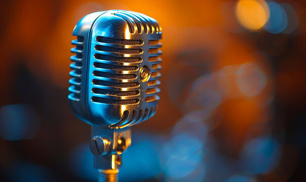 Retro Vintage Microphone on White Background with Warm Lighting and Bokeh Effect for Music and Broadcasting Themes
