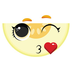 Cute melon slice blowing a kiss with a red heart, perfect for romantic summer designs, greeting cards, and playful food art