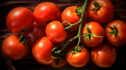 Red vine tomatoes in dramatic lighting on wooden background
