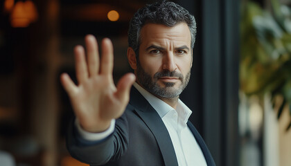 Businessman making stop gesture with hand