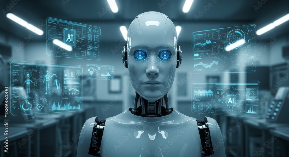Poster advanced humanoid robot in ai laboratory - futuristic humanoid robot, ai technology, advanced labora