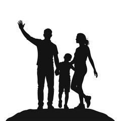 Family silhouette waving together against a simple background  