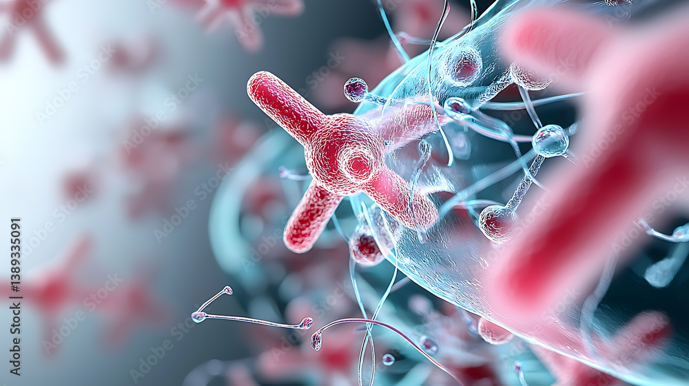 Poster exploring microscopic life forms cellular structures in a lab scientific visualization abstract back