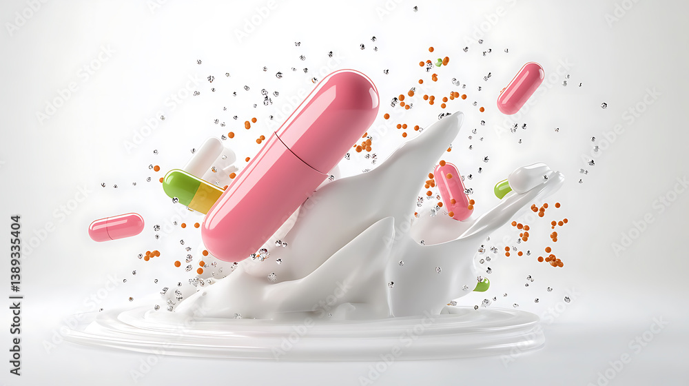 Poster dynamic capsule explosion studio setting 3d render abstract art close-up health and wellness concept