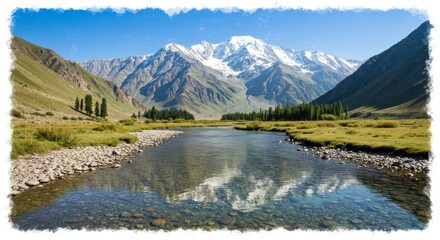 Ala Archa National Park River Landscape - Majestic mountains, serene river, clear sky, lush greenery, tranquil scene. Symbolizing peace, nature, adventure, beauty, escape