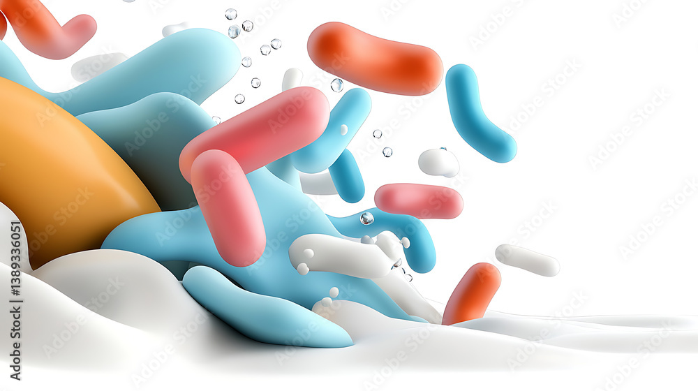 Poster dynamic microbial action colorful bacteria in fluid motion laboratory setting 3d render science conc