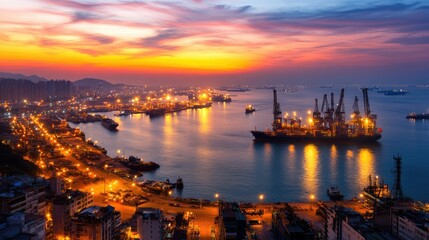 Fototapeta premium Vibrant sunset over a bustling harbor with shipping cranes