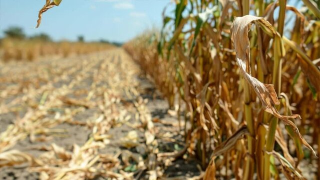 Dried cornfield under a bright sky, showcasing the impact of drought on agriculture and the environment.