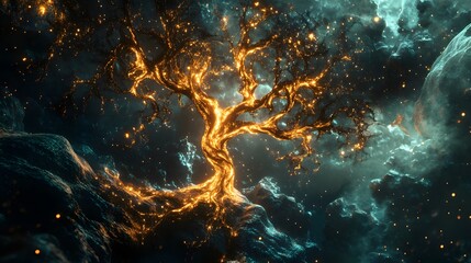 Glowing Tree in Mystical Nebula Landscape