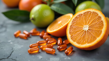 Vitamin C capsules with orange halves and limes on a textured gray background.