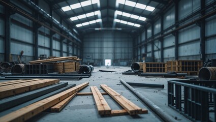 Abandoned industrial warehouse with scattered construction materials lying on floor