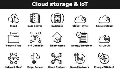 Cloud Storage and Computing Icons, technology, smart home,  internet, networking, iot, energy efficient, edge server, network mesh, big data
