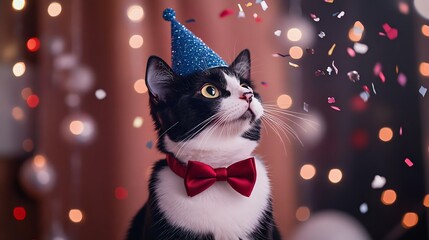 A stylish cat in a party hat and bowtie amidst colorful confetti, celebrating in a festive atmosphere with soft bokeh lights in the background.