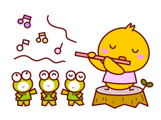 フルートを吹くひよこと歌うカエル