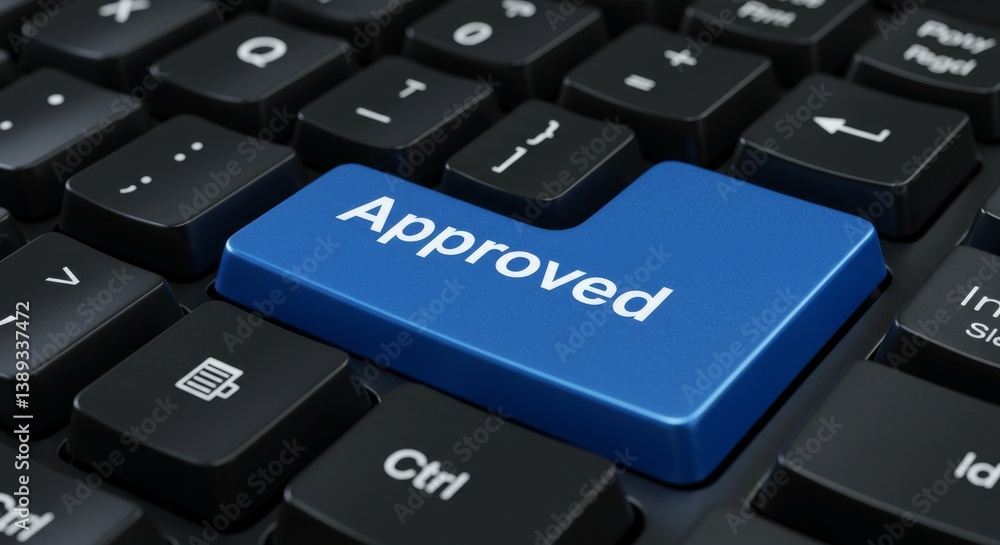 Poster approved application online - a close-up shot of a computer keyboard with a blue 