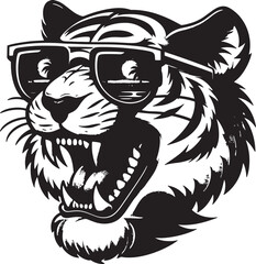 Cool Tiger: A black and white illustrated tiger wearing sunglasses, exuding a sense of cool, relaxed attitude, with a tropical beach reflected in the sunglasses.