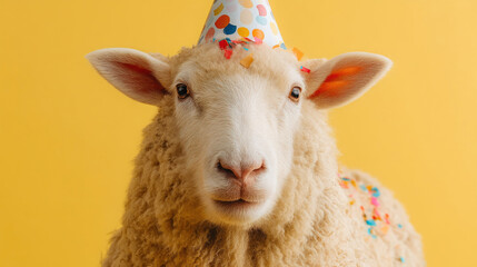Fototapeta premium Adorable sheep celebrating a birthday party with a festive party hat on head