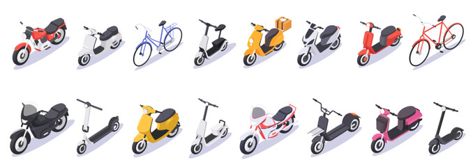 Various isometric bicycles, scooters, and motorcycles in different styles and colors on a white background. Concept of urban transportation. Vector illustration © GN.STUDIO