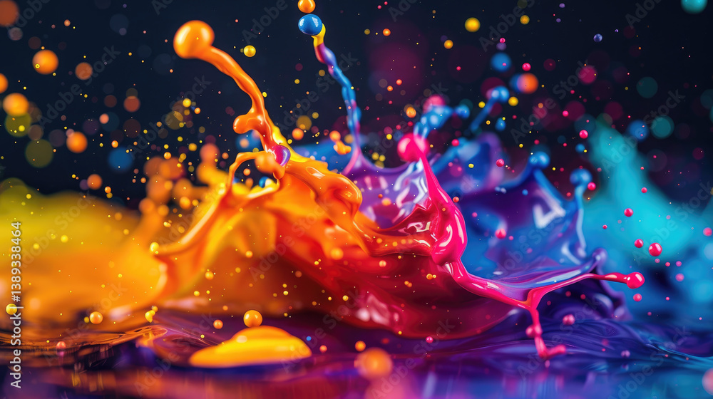 Poster a splash of paint with a rainbow of colors. the colors are bright and vibrant, creating a sense of e