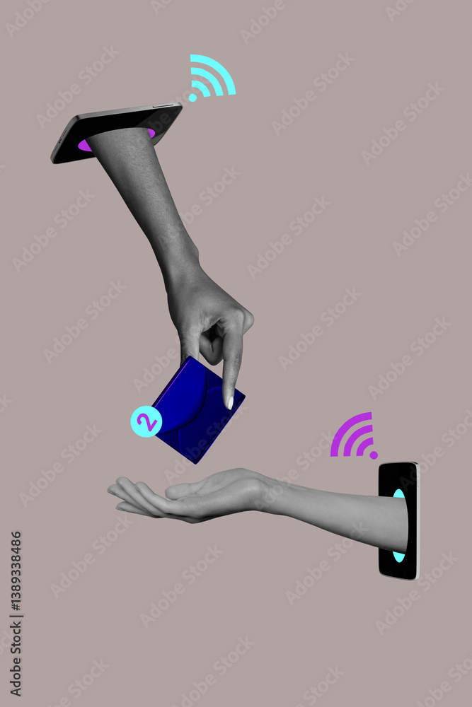 Poster trend artwork composite banner 3d photo collage of hold phone display hands appear give email notifi