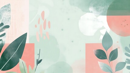 Abstract pastel green and coral background with leaves and geometric shapes.