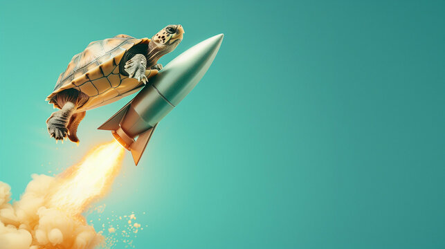 Whimsical turtle riding rocket launching into sky in surreal fantasy concept scene