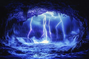 Intense lightning storm and waterfall from a cave perspective with a rainy background. Use for weather forecast