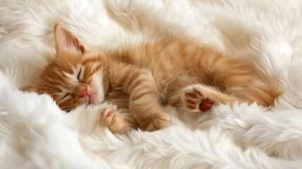 Obraz premium Adorable orange kitten peacefully sleeping on fluffy white fur blanket indoors