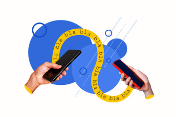 Composite trendy magazine photo collage of human hands hold phone device send message networking...