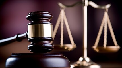 Gavel resting near golden scales, conveying justice and legal concepts against a blurred, dramatic backdrop