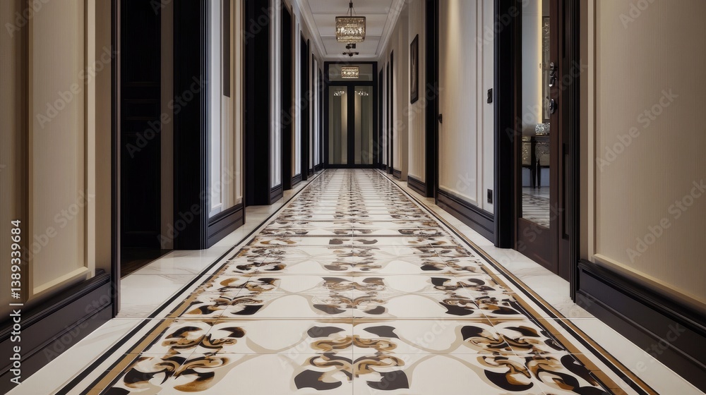 Poster elegant hallway with intricate floor tile design and classic architecture features in a luxurious in