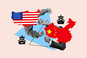 Composite trendy magazine photo collage of human hands show fist gesture fight battle economy...