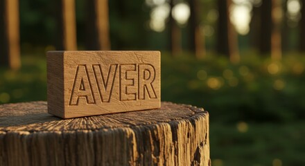 Aver Wooden Block in Forest Setting - Wooden block with the word AVER, symbolizing nature, simplicity, strength, legacy, and authenticity. Warm sunlight enhances the wood grain