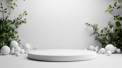 A pristine white circular platform is the focal point, surrounded by small white spheres and lush green foliage. The image boasts high-quality rendering and soft lighting, creating a clean, minimalis