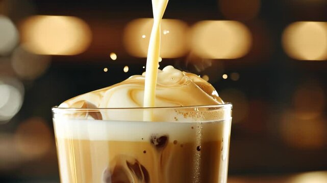 Cream is being poured on a cold coffee drink with ice cubes against soft bokeh lights, creating a visually appealing refreshment presentation