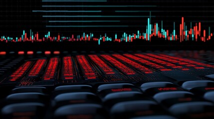 Glowing red keyboard with a financial graph background shows trading analysis and data