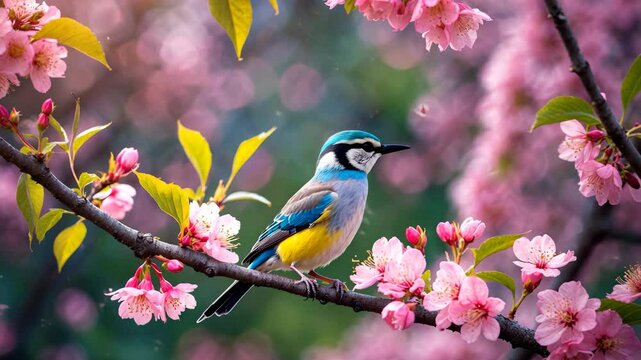 bird titmouse sitting in the garden among the flowering branches of pink cherry blossom_g_1_4_1.png