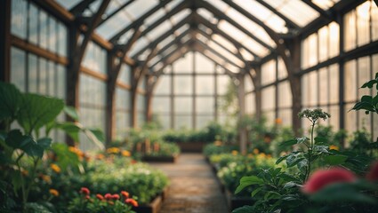 Plants growing in greenhouse nursery under glass roof