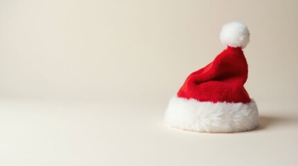 A minimalist composition of a single Santa hat on a neutral background, emphasizing its classic design and festive appeal for holiday promotions