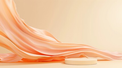 Fototapeta premium Minimalist beige background with round podium and floating cloth in light peach tones. Perfect for product displays and elegant presentations