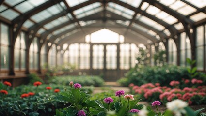 Greenhouse interior showing blooming flowers and steel structure