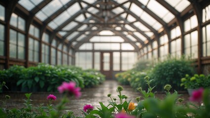 Greenhouse interior showing plants growing and wooden structure