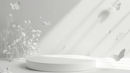 Minimalistic white podium with flying butterflies and flowers. Ideal for showcasing products, beauty, and fashion in a simple, clean style.