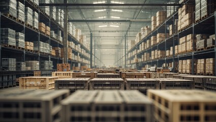 Large industrial warehouse storing boxes on shelves and crates on floor