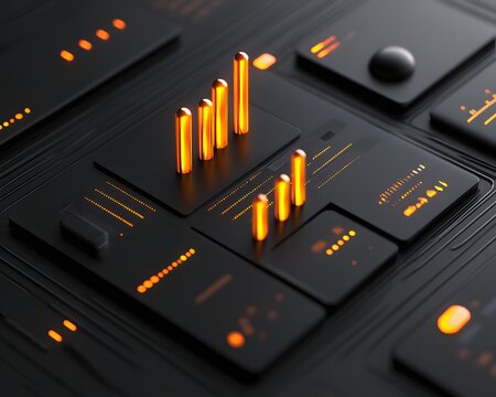Advanced analytics interface where LLM deciphers data sets through ML, glowing UI elements, high-definition rendering, sleek AI design aesthetics