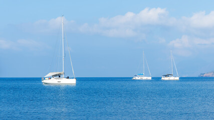 Fototapeta premium sailing yacht boats with white sails in blue sea , seascape of beautiful ships in sea gulf with mountain coast on background
